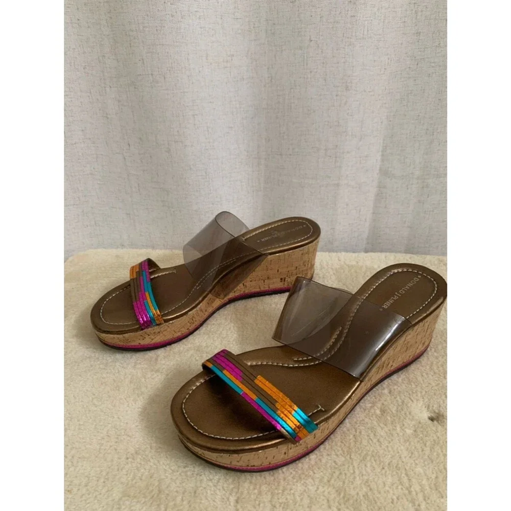Donald J Pliner Sabrina Cork Rainbow Clear Strap Wedge Sandals Multicolor Accent